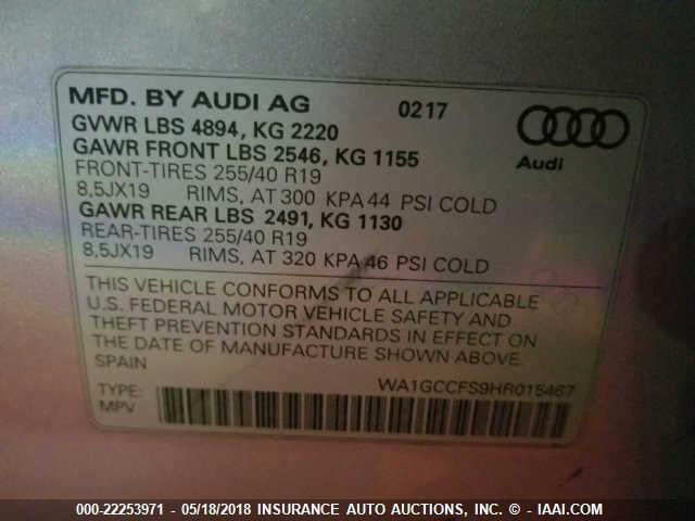 WA1GCCFS9HR015467 - 2017 AUDI Q3 PRESTIGE SILVER photo 9