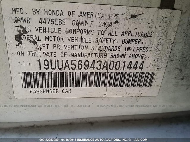 19UUA56943A001444 - 2003 ACURA 3.2TL TYPE-S WHITE photo 9