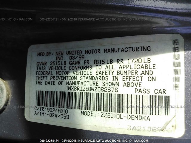 1NXBR12E0WZ082676 - 1998 TOYOTA COROLLA VE/CE/LE 银色 照片 9