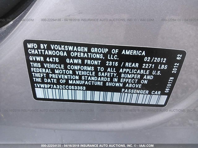 1VWBP7A32CC053353 - 2012 VOLKSWAGEN PASSAT SE SILVER photo 9