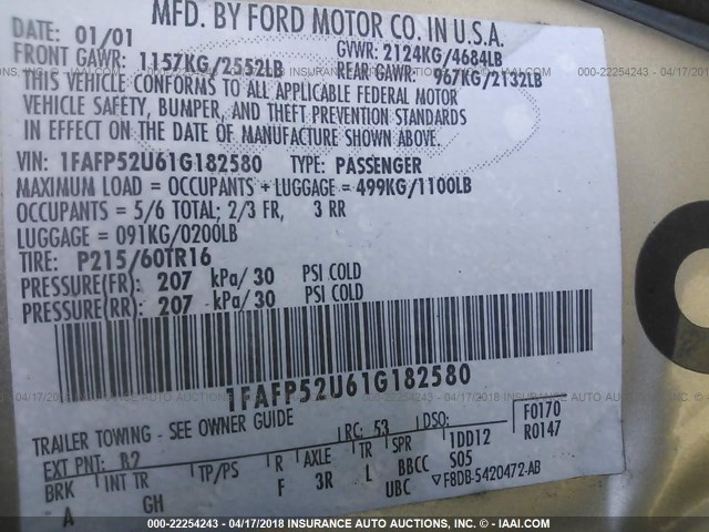 1FAFP52U61G182580 - 2001 FORD TAURUS LX GOLD photo 9