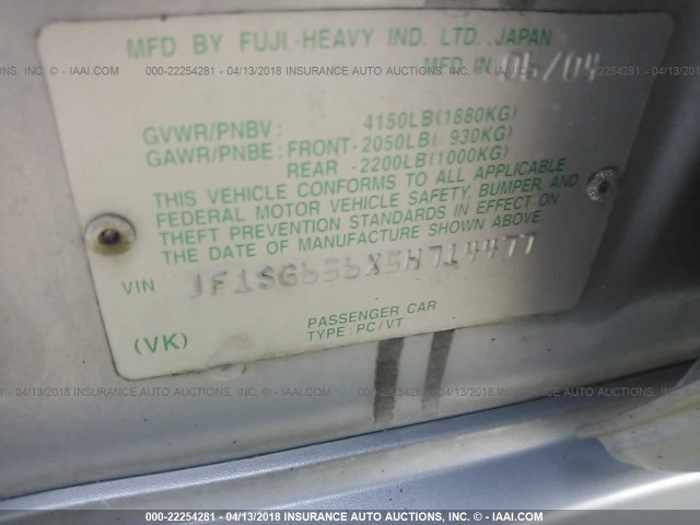 JF1SG656X5H714477 - 2005 SUBARU FORESTER 2.5XS ვერცხლისფერი ფოტო 9