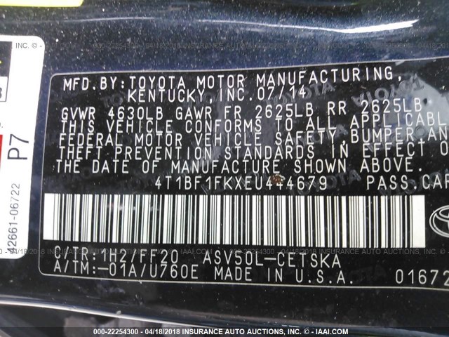 4T1BF1FKXEU444679 - 2014 TOYOTA CAMRY L/SE/LE/XLE 黑色 照片 9
