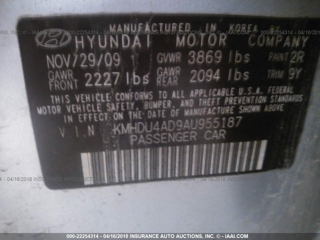 KMHDU4AD9AU955187 - 2010 HYUNDAI ELANTRA BLUE/GLS/SE Unknown photo 9