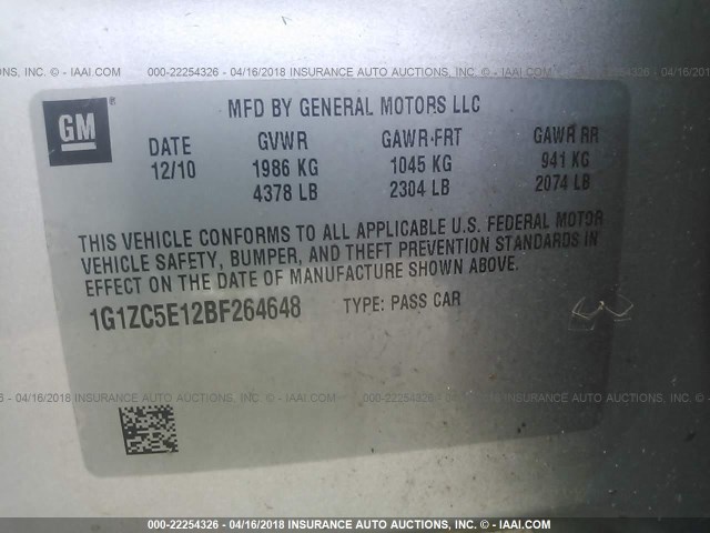 1G1ZC5E12BF264648 - 2011 CHEVROLET MALIBU 1LT 银色 照片 9