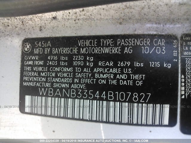 WBANB33544B107827 - 2004 BMW 545 I SILVER photo 9