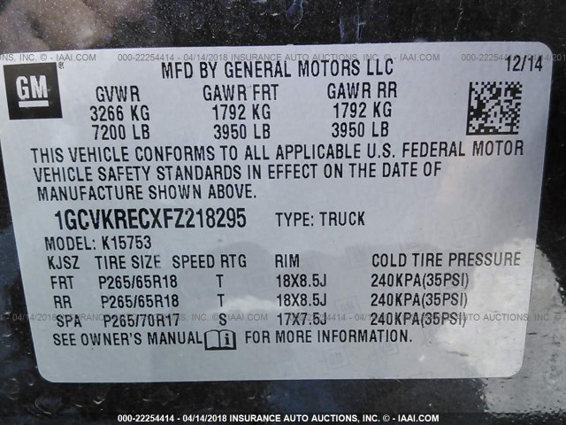 1GCVKRECXFZ218295 - 2015 CHEVROLET SILVERADO K1500 LT GRAY photo 9