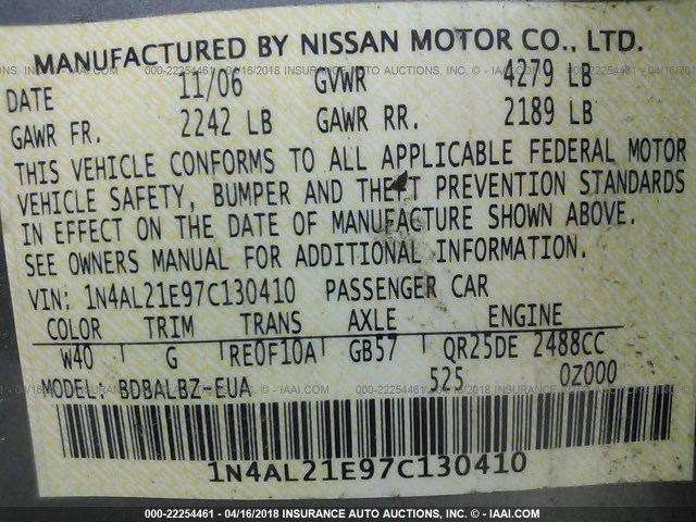 1N4AL21E97C130410 - 2007 NISSAN ALTIMA 2.5/2.5S GRAY photo 9