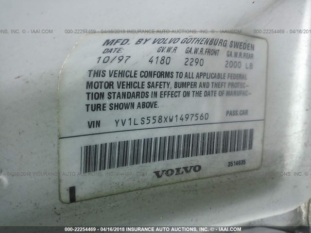 YV1LS558XW1497560 - 1998 VOLVO S70 WHITE photo 9