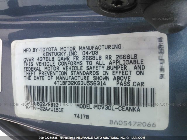 4T1BF32K63U556314 - 2003 TOYOTA CAMRY LE/XLE/SE ლურჯი ფოტო 9