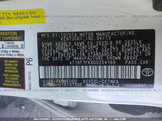 4T1BF1FK8DU254166 - 2013 TOYOTA CAMRY L/SE/LE/XLE 白色 照片 9