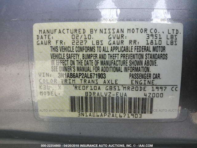 3N1AB6AP2AL671903 - 2010 NISSAN SENTRA 2.0/2.0S/SR/2.0SL SILVER photo 9