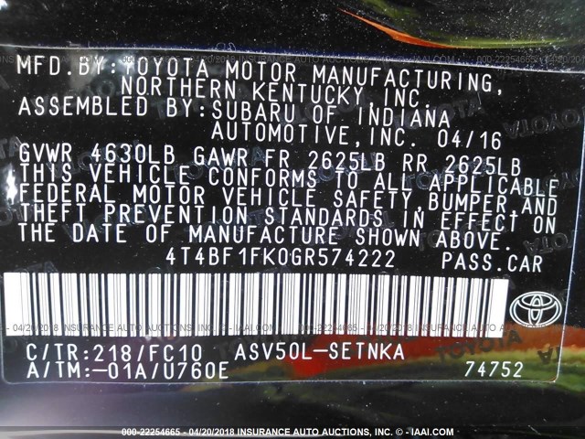 4T4BF1FK0GR574222 - 2016 TOYOTA CAMRY LE/XLE/SE/XSE 黑色 照片 9