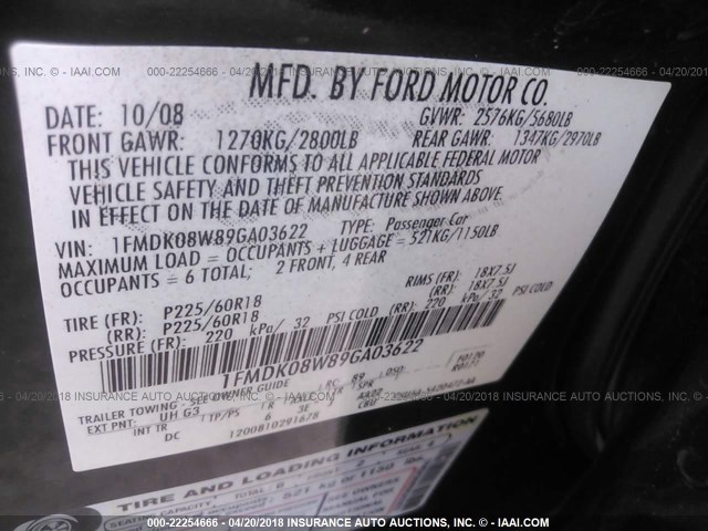 1FMDK08W89GA03622 - 2009 FORD TAURUS X EDDIE BAUER BLACK photo 9