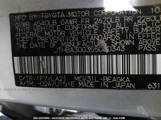 JTHBA30G355080343 - 2005 LEXUS ES 330 SILVER photo 9