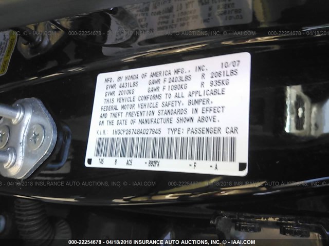 1HGCP26748A027945 - 2008 HONDA ACCORD EX BLACK photo 9