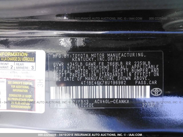 4T1BE46K78U196982 - 2008 TOYOTA CAMRY CE/LE/XLE/SE BLACK photo 9