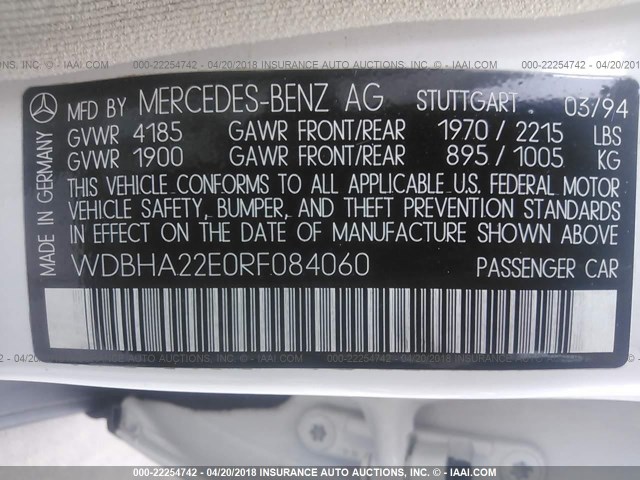 WDBHA22E0RF084060 - 1994 MERCEDES-BENZ C 220 WHITE photo 9