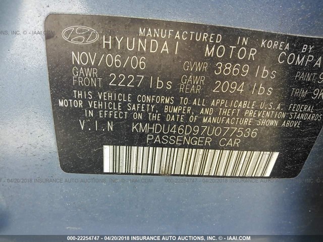 KMHDU46D97U077536 - 2007 HYUNDAI ELANTRA GLS/SE/LIMITED BLUE photo 9