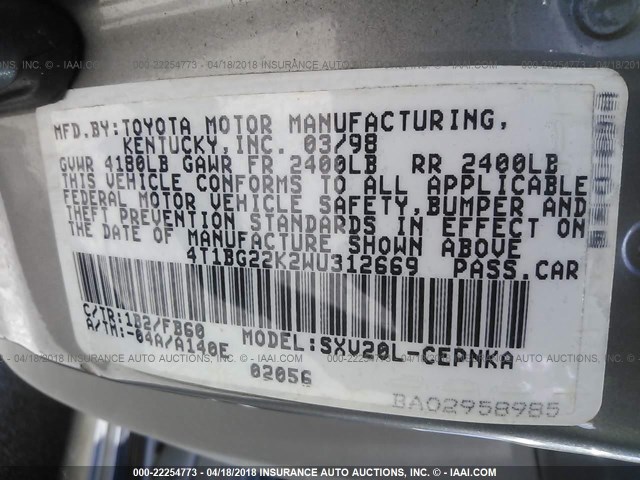 4T1BG22K2WU312669 - 1998 TOYOTA CAMRY CE/LE/XLE 棕色 照片 9