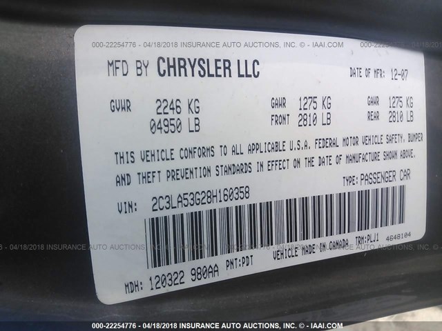 2C3LA53G28H160358 - 2008 CHRYSLER 300 TOURING GRAY photo 9