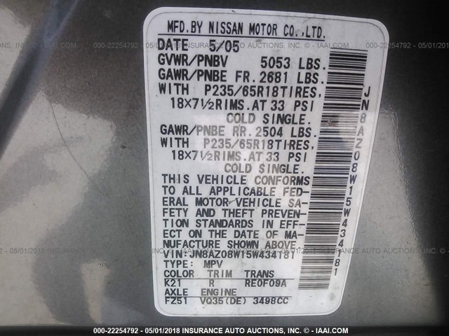 JN8AZ08W15W434181 - 2005 NISSAN MURANO SL/SE/S GRAY photo 9