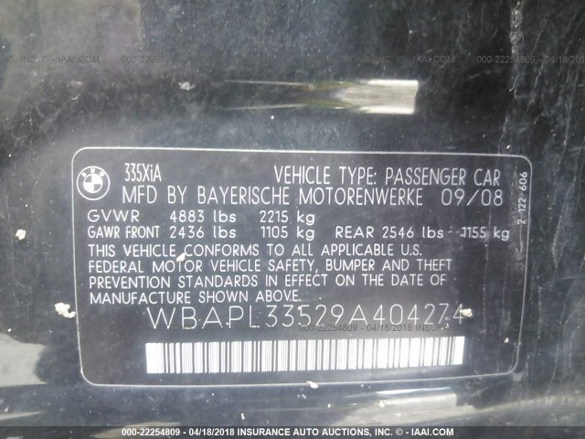 WBAPL33529A404274 - 2009 BMW 335 XI BLACK photo 9