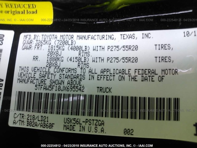 5TFAW5F10JX695542 - 2018 TOYOTA TUNDRA CREWMAX 1794/PLATINUM 黑色 照片 9