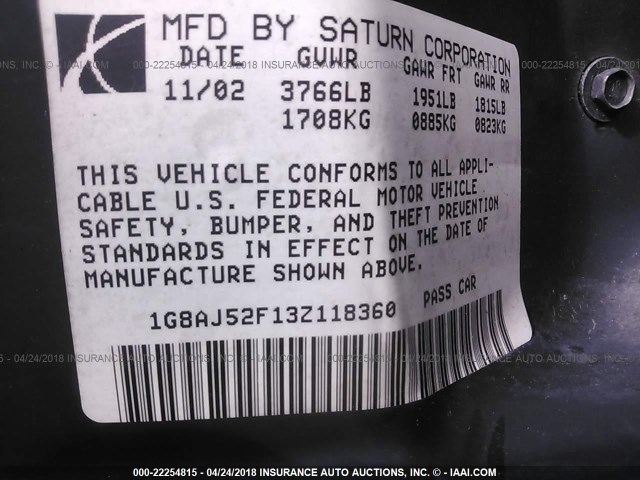 1G8AJ52F13Z118360 - 2003 SATURN ION LEVEL 2 Yaşıl foto 9