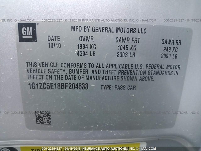 1G1ZC5E18BF204633 - 2011 CHEVROLET MALIBU 1LT 银色 照片 9