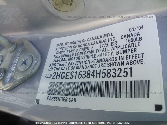2HGES16384H583251 - 2004 HONDA CIVIC DX VP Gümüş foto 9