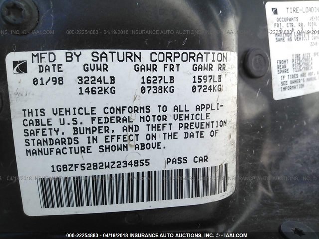 1G8ZF5282WZ234855 - 1998 SATURN SL MAROON photo 9