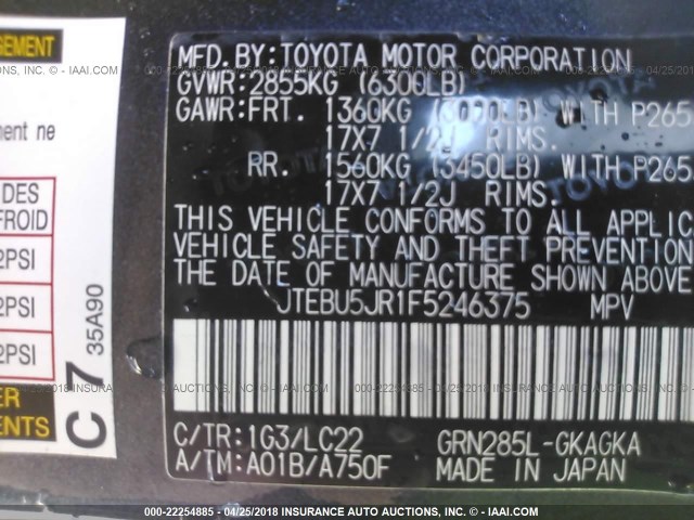 JTEBU5JR1F5246375 - 2015 TOYOTA 4RUNNER SR5/LIMITED/TRAIL/TRD PRO GRAY photo 9