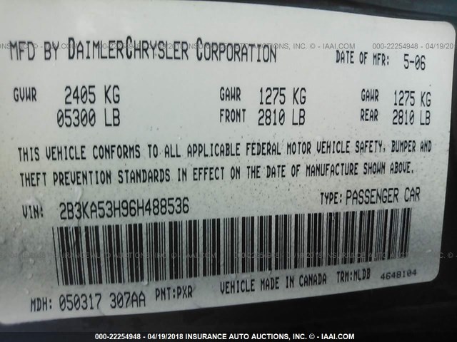 2B3KA53H96H488536 - 2006 DODGE CHARGER R/T BLACK photo 9