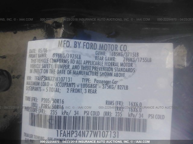 1FAHP34N77W107131 - 2007 FORD FOCUS ZX4/S/SE/SES 黑色 照片 9