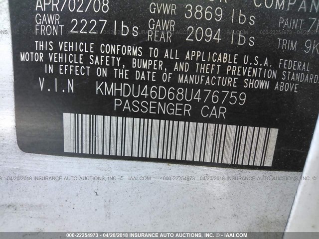 KMHDU46D68U476759 - 2008 HYUNDAI ELANTRA GLS/SE/LIMITED WHITE photo 9