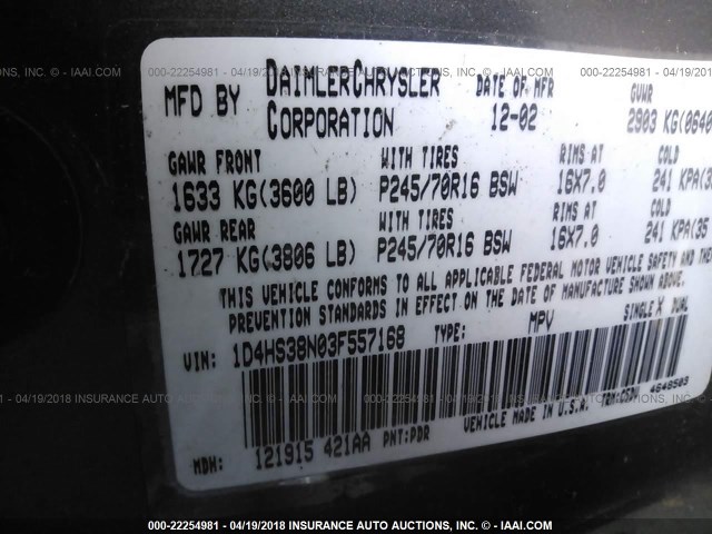 1D4HS38N03F557168 - 2003 DODGE DURANGO SPORT GRAY photo 9