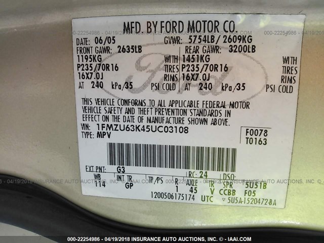 1FMZU63K45UC03108 - 2005 FORD EXPLORER XLT/XLT SPORT/NBX 棕色 照片 9