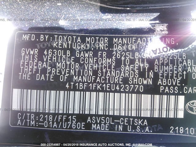 4T1BF1FK1EU423770 - 2014 TOYOTA CAMRY L/SE/LE/XLE 黑色 照片 9