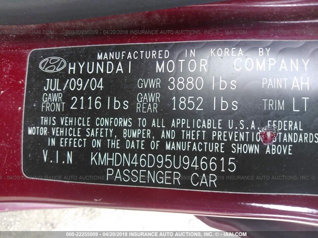 KMHDN46D95U946615 - 2005 HYUNDAI ELANTRA GLS/GT RED photo 9