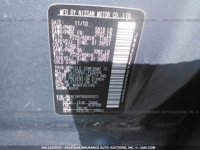 JN8AE2KP0B9000823 - 2011 NISSAN QUEST S/SV/SL/LE Light Blue photo 9