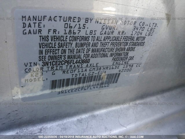 3N1CE2CP6FL443660 - 2015 NISSAN VERSA NOTE S/S PLUS/SV/SL/SR SILVER photo 9