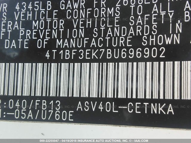 4T1BF3EK7BU696902 - 2011 TOYOTA CAMRY SE/LE/XLE WHITE photo 9