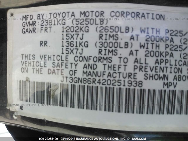 JT3GN86R420251938 - 2002 TOYOTA 4RUNNER SR5 BLACK photo 9