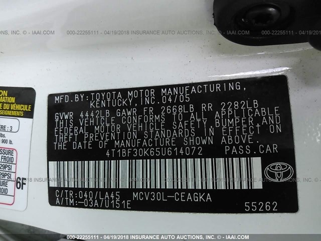 4T1BF30K65U614072 - 2005 TOYOTA CAMRY LE/XLE/SE თეთრი ფოტო 9