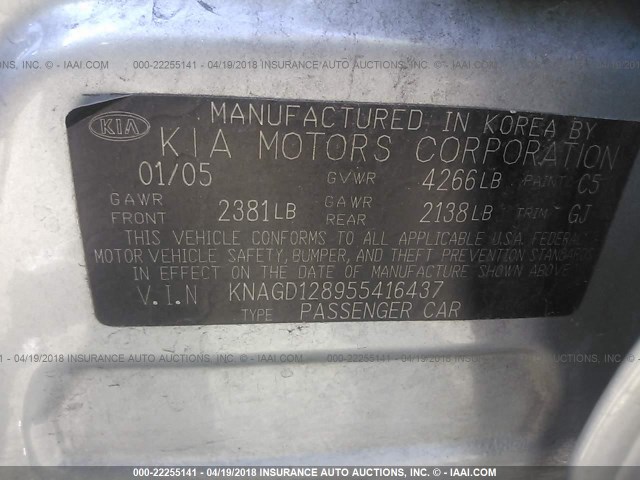 KNAGD128955416437 - 2005 KIA OPTIMA LX/EX SILVER photo 9