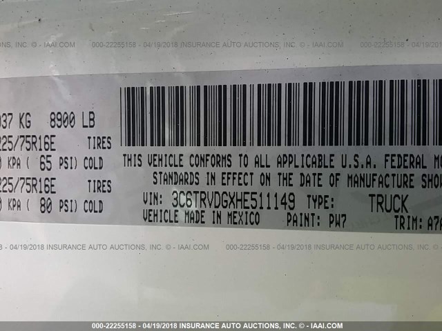 3C6TRVDGXHE511149 - 2017 RAM PROMASTER 2500 2500 HIGH WHITE photo 9