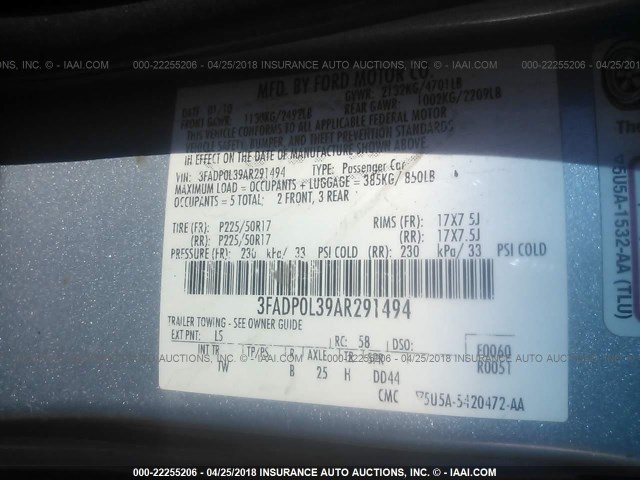 3FADP0L39AR291494 - 2010 FORD FUSION HYBRID Light Blue photo 9