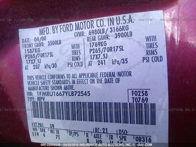1FMRU1667YLB72545 - 2000 FORD EXPEDITION XLT RED photo 9