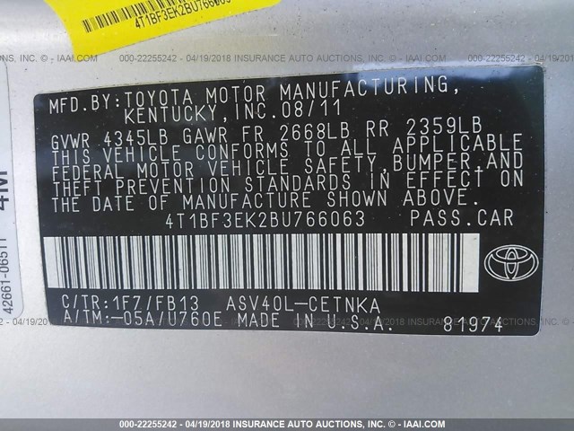 4T1BF3EK2BU766063 - 2011 TOYOTA CAMRY SE/LE/XLE SILVER photo 9